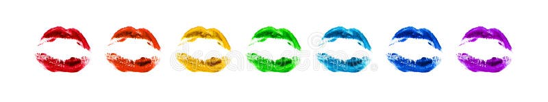 Rainbow colors lipstick kiss print set on white background isolated close up, colorful sexy lips make up stamp collection, iridescent female kisses imprint, love sign, passion symbol, group of icons