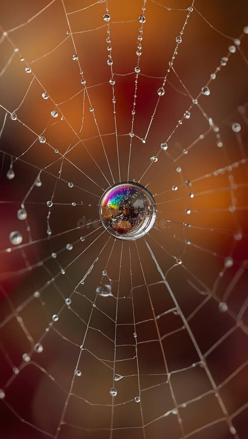 A rainbow in a drop: the magic of an autumn morning on a spiderweb stock illustration