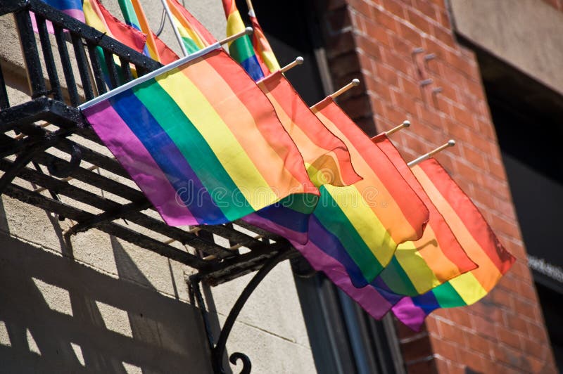 Rainbow flags on Christopher street, Greenwich village, New York stock images Rainbow flags on Christopher street, Greenwich village, New York stock images