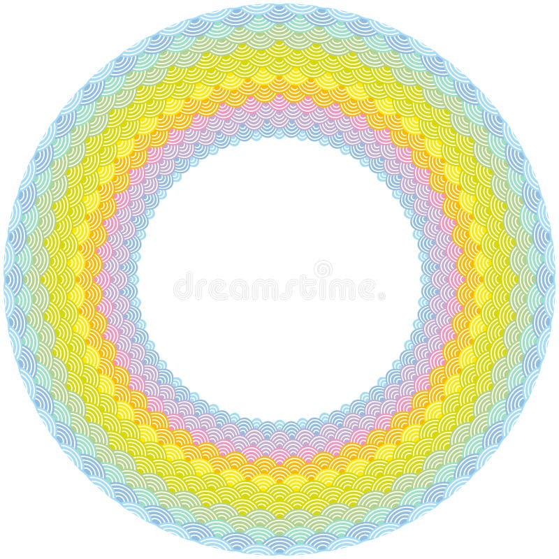 Rainbow frame Round Wreath composition. scales simple Nature background with Asian wave circle pattern Green yellow orange pink pu stock illustration Rainbow frame Round Wreath composition. scales simple Nature background with Asian wave circle pattern Green yellow orange pink pu stock illustration