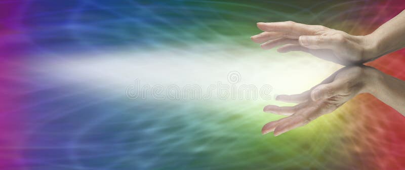 Female healer's hands on right hand side of banner with misty white light beam flowing across to left side on a rainbow colored matrix background. Female healer's hands on right hand side of banner with misty white light beam flowing across to left side on a rainbow colored matrix background