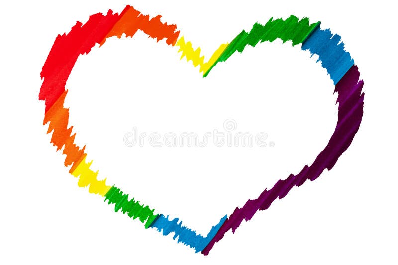 Rainbow heart silhouette on white background isolated close up, heart shape frame LGBT flag color, hand drawn LGBTQ symbol, painted border, lesbian, gay etc love sign, greeting card design, copy space. Rainbow heart silhouette on white background isolated close up, heart shape frame LGBT flag color, hand drawn LGBTQ symbol, painted border, lesbian, gay etc love sign, greeting card design, copy space