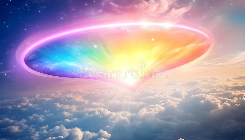 Rainbow-Herz-Licht Berst Himmel Hintergrund schöne romantische ätherische Wolkenlandschaft mit einem pulsierenden Licht Bersten li stockfoto