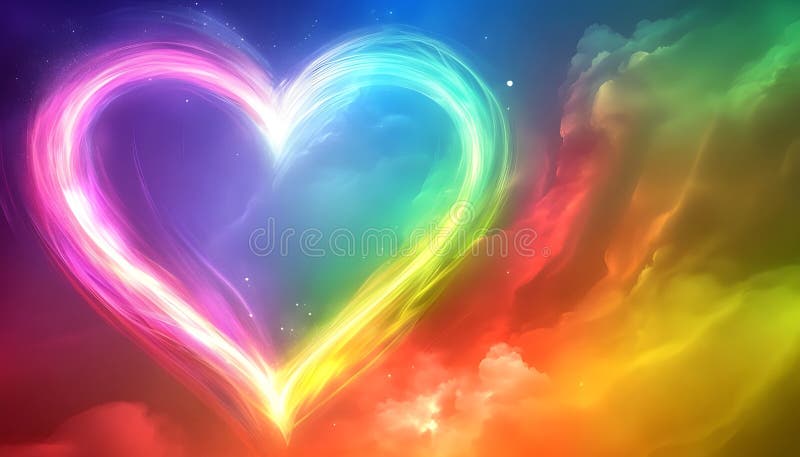 Rainbow-Herz-Licht Berst Himmel Hintergrund schöne romantische ätherische Wolkenlandschaft mit einem pulsierenden Licht Bersten li lizenzfreie stockfotografie