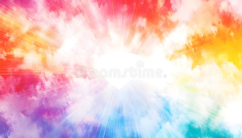 Rainbow-Herz-Licht Berst Himmel Hintergrund schöne romantische ätherische Wolkenlandschaft mit einem pulsierenden Licht Bersten li stockbilder