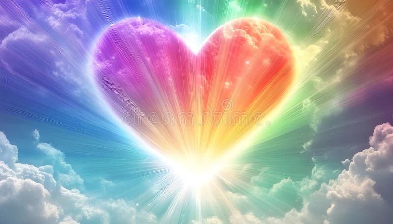 Rainbow-Herz-Licht Berst Himmel Hintergrund schöne romantische ätherische Wolkenlandschaft mit einem pulsierenden Licht Bersten li stockfotos