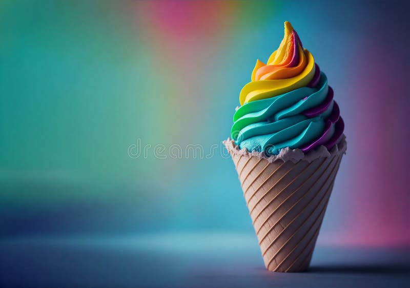 Rainbow Ice Cream Cone on a Fantasy Background, Copy Space, Created