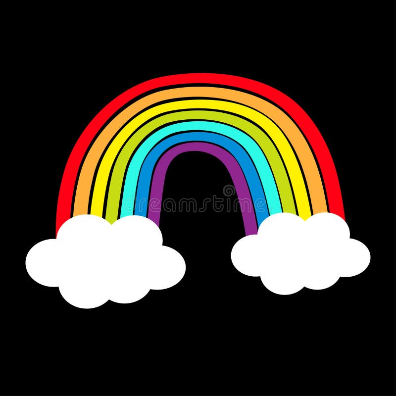 Rainbow icon. Two clouds in the sky. Colorful line set. Cloud shape. Cute cartoon kawaii kids clip art. Greeting card. LGBT community. Gay flag symbol. Flat design Black background Vector illustration