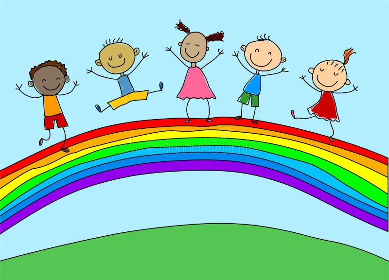 Happy kids cartoon playing with landscape rainbow Vector Image