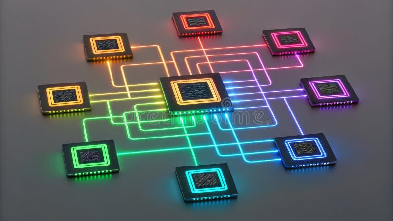 Rainbow Network 3D Render of Connected Microchips Data Technology Network Microchip stock illustrationer