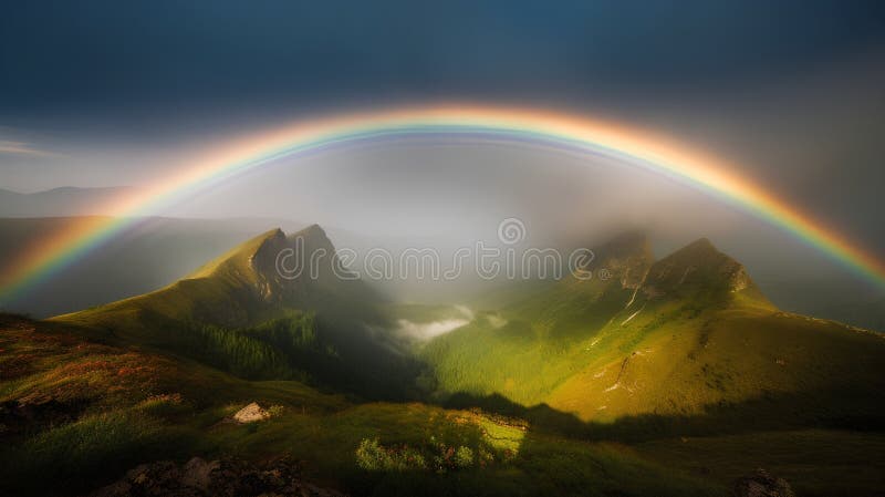 Rainbow over the mountains in the morning, beautiful landscape with rainbow stock illustration