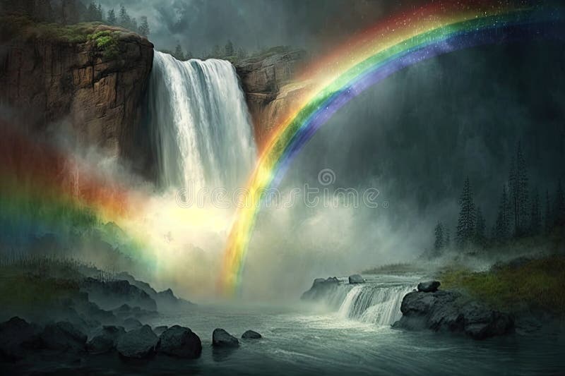 Rainbow Over a Waterfall, Surrounded by Mist and Raindrops Stock ...