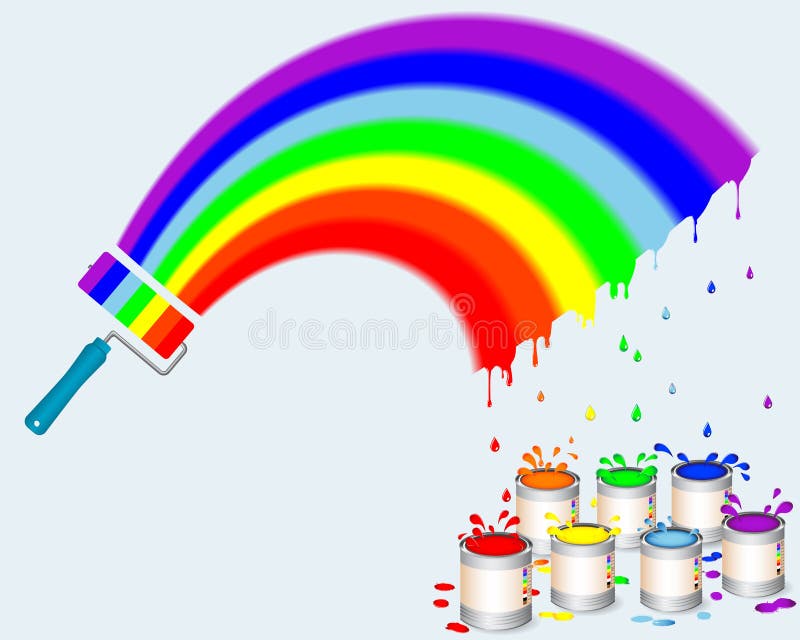 Rainbow paint roller with pots of paint.