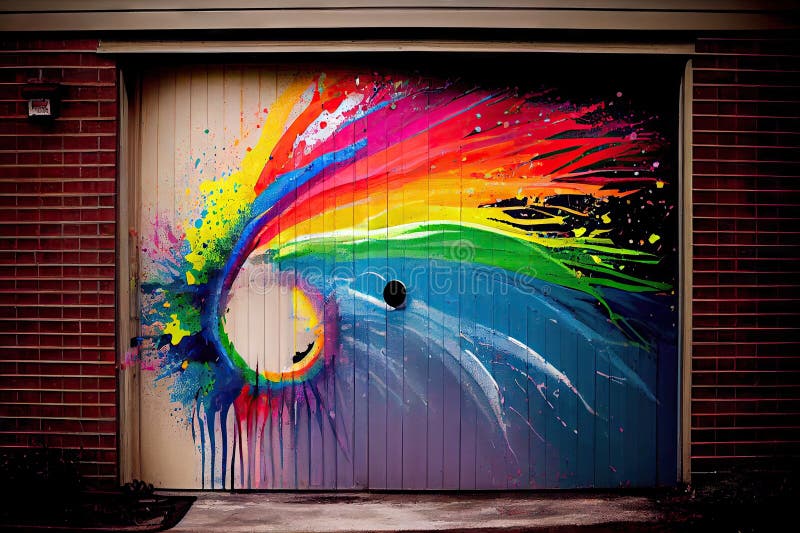 A rainbow paint splatter effect on a garage door. vector illustration
