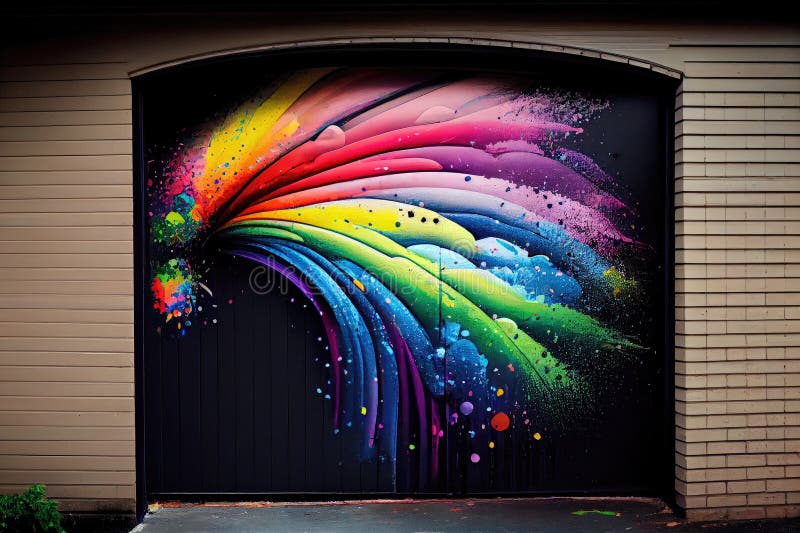 A rainbow paint splatter effect on a garage door. stock illustration