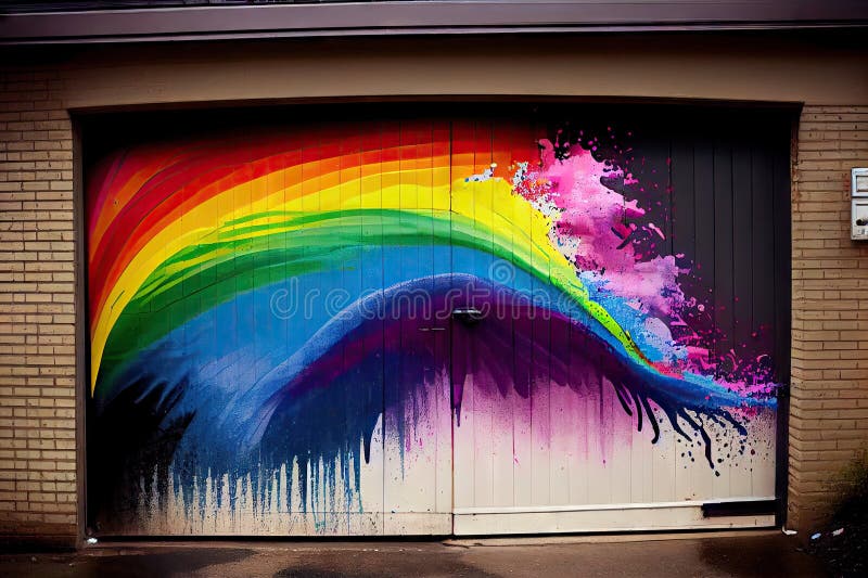 A rainbow paint splatter effect on a garage door. vector illustration