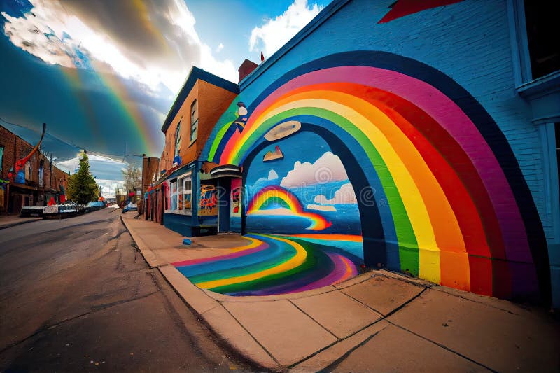 A Rainbow-painted Street with Colorful Murals and Graffiti Art. Stock ...