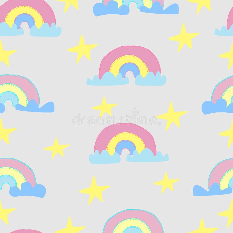 Rainbow Pattern with Clouds and Stars. Vector Seamless Pattern for Kids ...