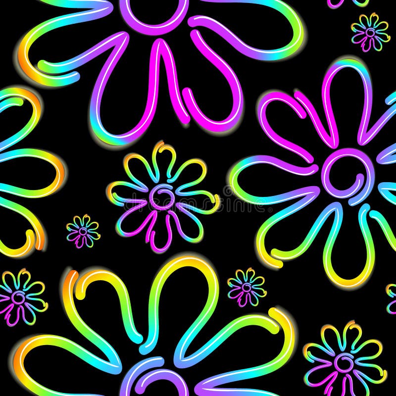 Daisy Spring Flower Psychedelic Neon Light Vector Seamless Pattern Design