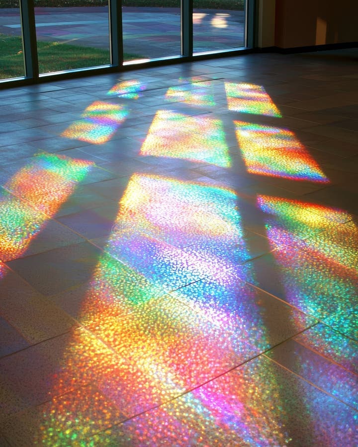 Rainbow reflections on a glossy marble floor create a mesmerizing display of light and pattern, designed to capture the.