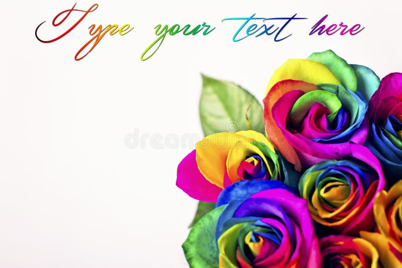 Rainbow roses on white bricks and wood background. Postcard for Valentine`s and Mother`s day