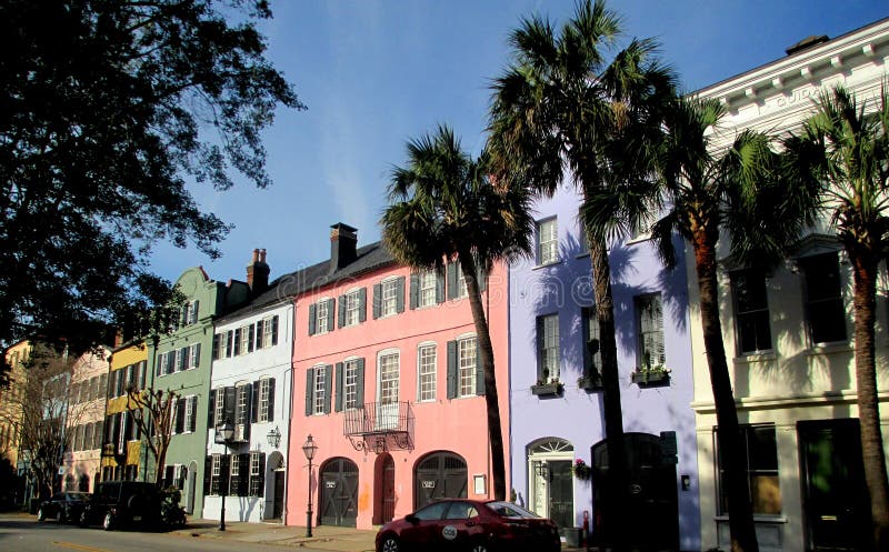 Rainbow Row. Charleston, SC. U.S.A. Historical homes are painted in pastel colors along the harbor in Charleston, SC.