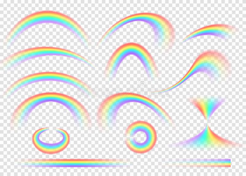 Rainbow set isolated on transparent background. Realistic rain arch