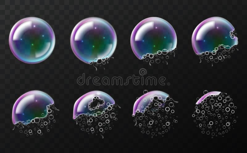 Rainbow soap bubbles explosion. Realistic break stages, 3d transparent flying balls, time lapse burst moment, bursting royalty free illustration