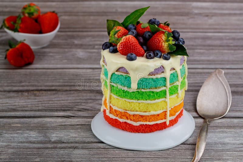 Rainbow sponge cake decorated with fresh berries stock photography