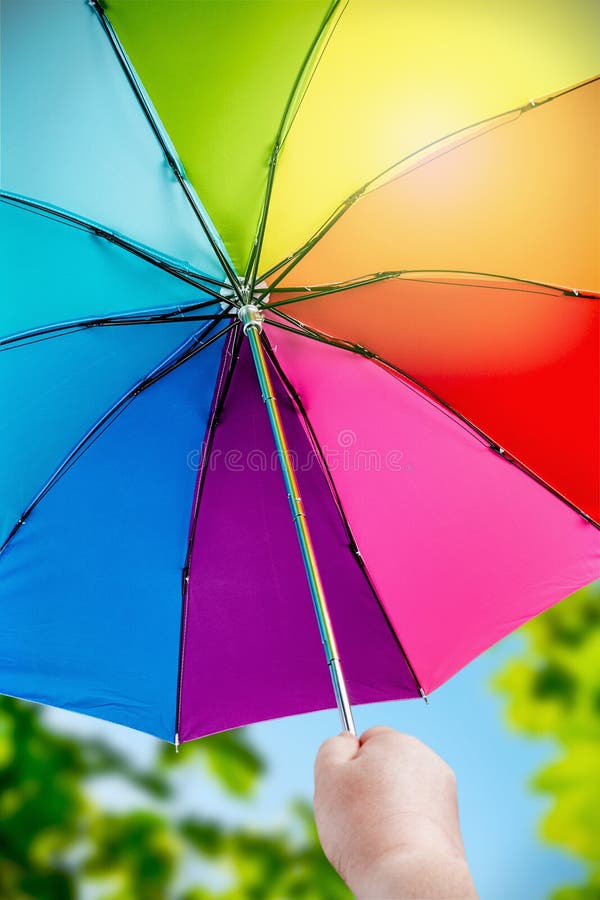 Rainbow Umbrella in Woman Hands on Nature Background Stock Image