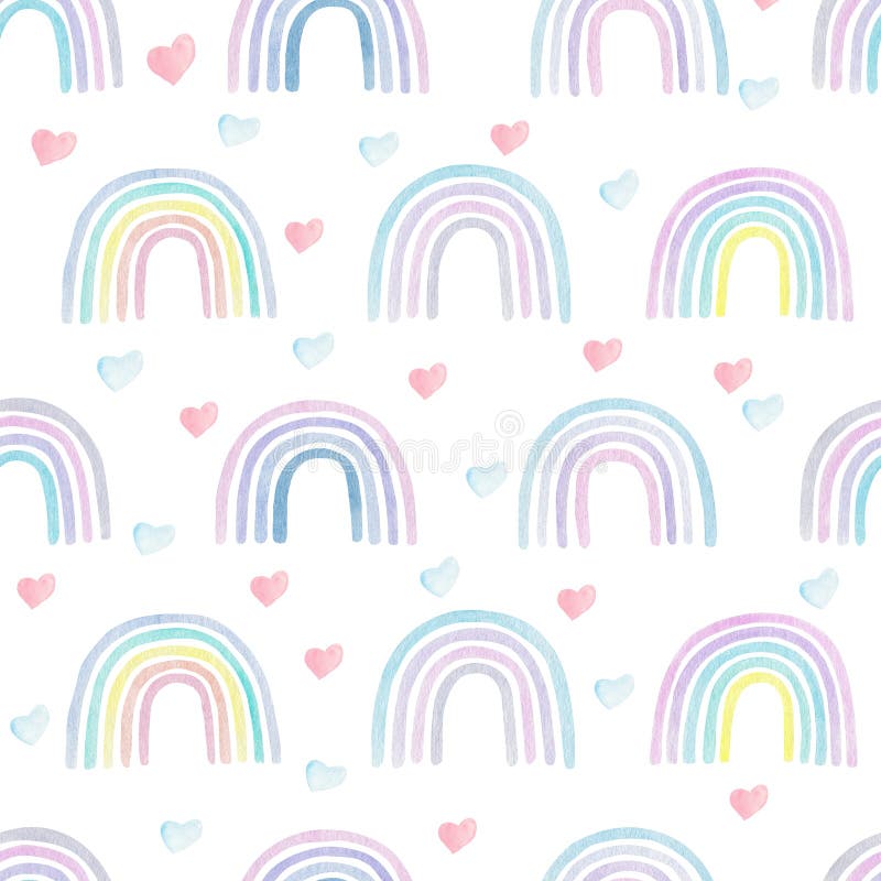 Rainbows and hearts tenderly watercolor seamless pattern. Digital paper. Kids illustration. Colorful nursery art