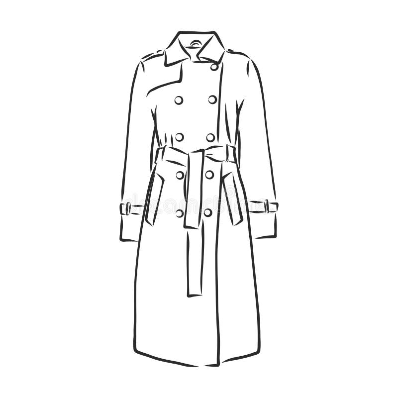 Raincoat. Monochrome Sketch, Hand Drawing. Black Outline On White