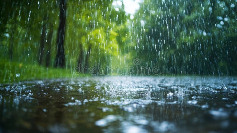 Raindrops Falling on a Paved Path Through a Green Forest stock illustration