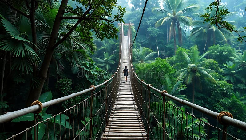 Rainforest suspension bridge, jungle canopy, adventure travel, and exotic destination Generative AI stock illustration