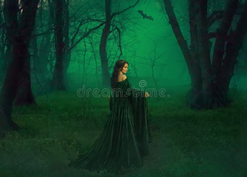 A rainha escura de for?as do al?m conduz no reino de almas inoperantes o vampiro ensanguentado no vestido esmeralda do velor long foto de stock A rainha escura de for?as do al?m conduz no reino de almas inoperantes o vampiro ensanguentado no vestido esmeralda do velor long foto de stock