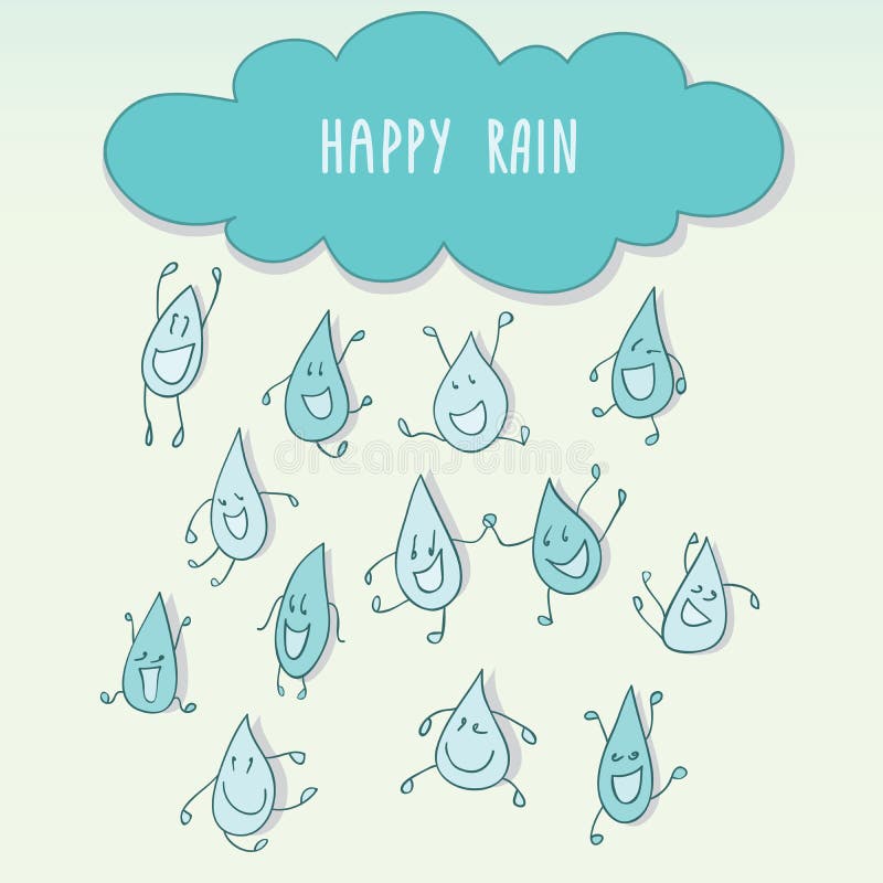 Raining with happy funny raindrops. 