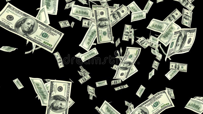 Raining Hundred dollar bills, isolated in black background. Fortune raining illustrations
