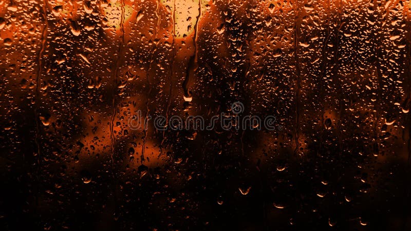 Rainy background in neon orange color, drops flow down the glass with warm tones of flowers, copy the space background.The texture