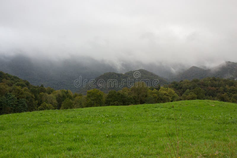 Rainy Clouds In Mountains Foggy Morning In Green Valley Scenic