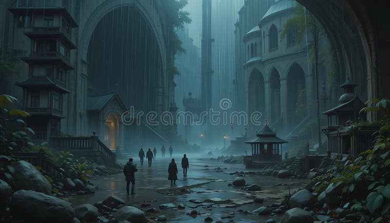 Rainy Day in a Mysterious, Ancient City with People Walking royalty free illustration