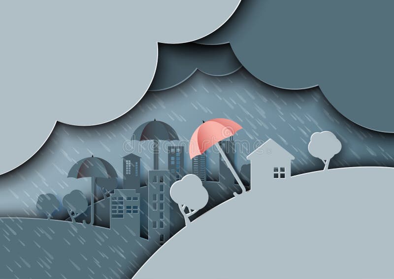 Rainy season monsoon background paper art style.