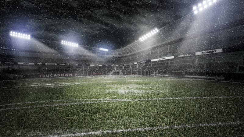 Rainy soccer stadium in light rays at night 3d illustration stock photography Rainy soccer stadium in light rays at night 3d illustration stock photography