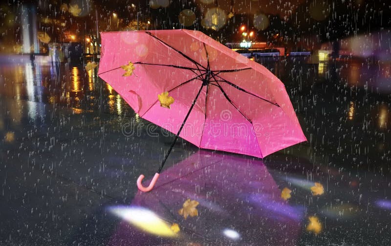 Rainy street pink umbrella reflection wet asphalt city night raindrops water reflection autumn leaves fall season city evening li. Asphalt city night raindrops stock photography Rainy street pink umbrella reflection wet asphalt city night raindrops water reflection autumn leaves fall season city evening li. Asphalt city night raindrops stock photography