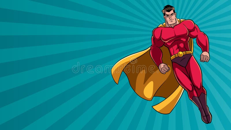 Full length illustration of powerful superhero looking down while soaring over abstract background. Full length illustration of powerful superhero looking down while soaring over abstract background.