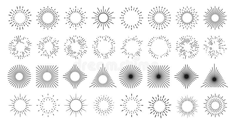 Sun line burst in circle, vintage light rays, vector abstract star shine in geometric shapes. Sun line sunburst or starburst, sunshine and firework sparkles, radial linear doodle art sparks. Sun line burst in circle, vintage light rays, vector abstract star shine in geometric shapes. Sun line sunburst or starburst, sunshine and firework sparkles, radial linear doodle art sparks