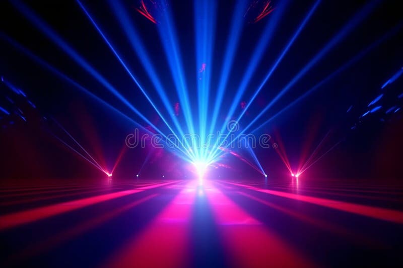 Raios azuis e vermelhos deslumbrantes criam uma vibrante atmosfera de discoteca. ilustração royalty free