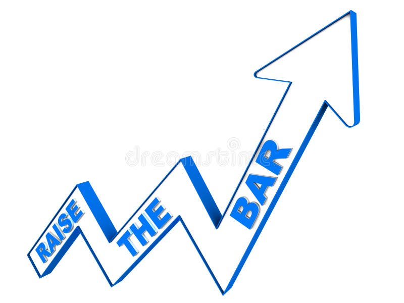 Rising arrow in blue, against a white background, with text saying raise the bar, concept of raising performance levels or quality standards