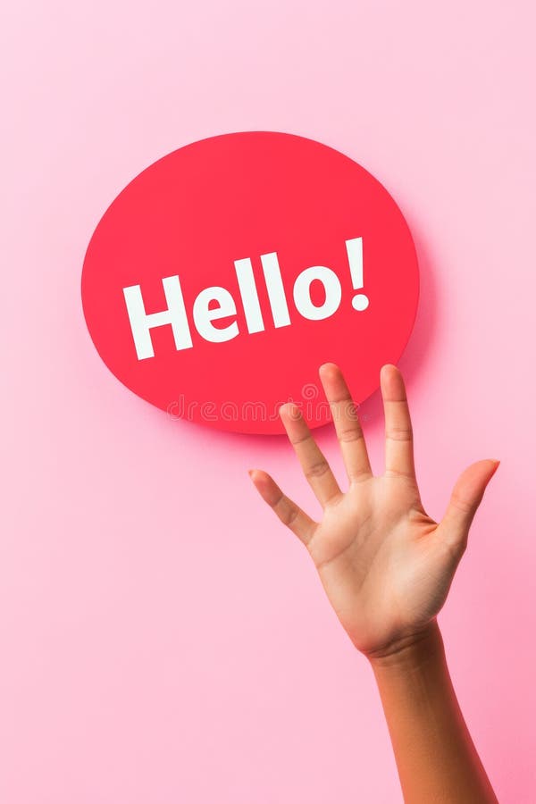 Raised hand with hello sign on pink background stock illustration
