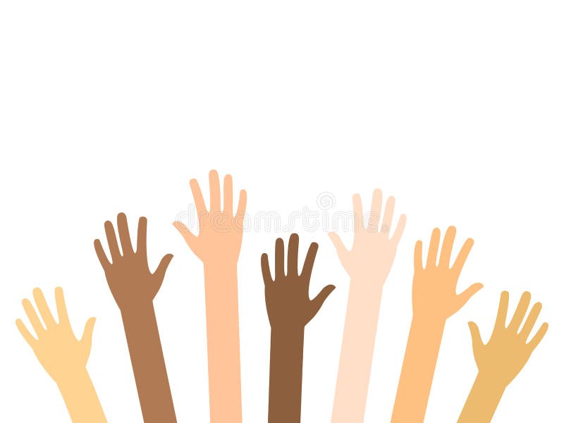 Raised hands of diversity people vector isolated on white. Teamwork and volunteering concept.