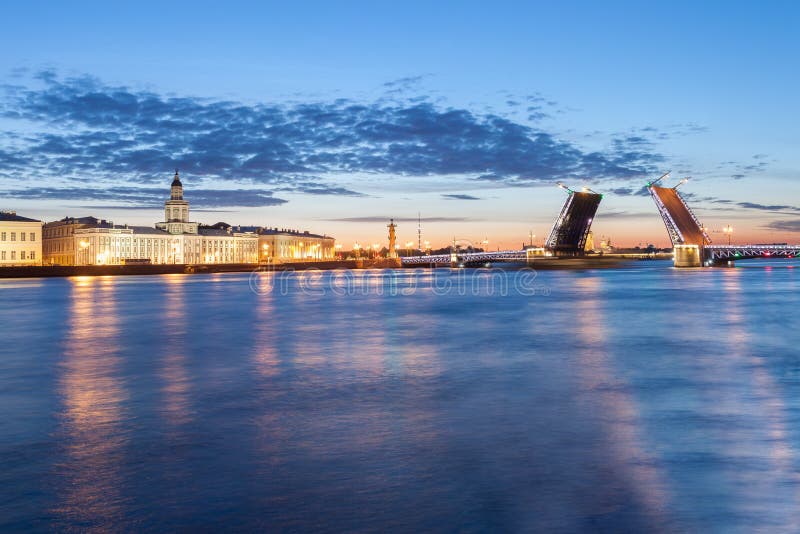 The raised Palace bridge at white nights